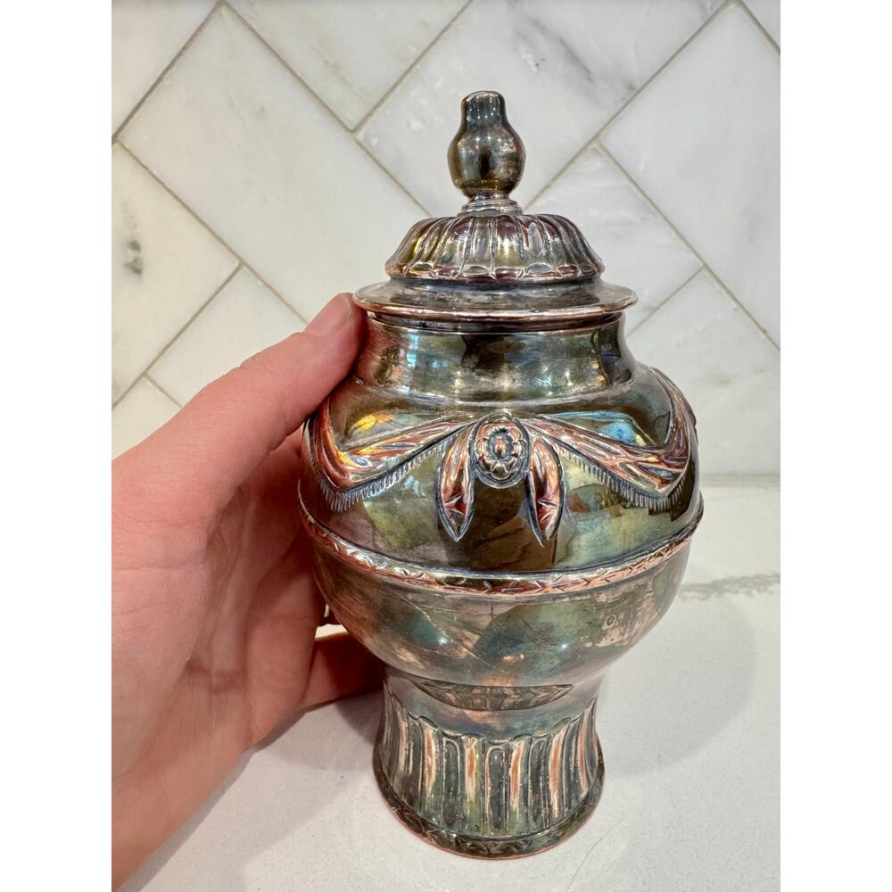 Antique Silverplate Lidded Jar Victorian Art Nouveau Urn Tobacco Ginger c 1900 - Picture 6 of 8